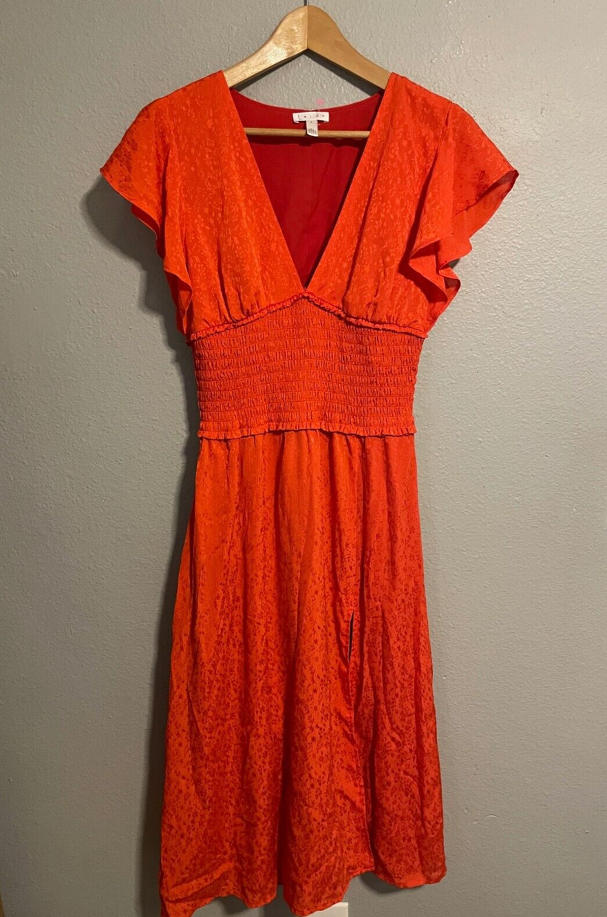 Leith Womens Dress Small Orange Floral Satin Smocked Babydoll Fairy Boho